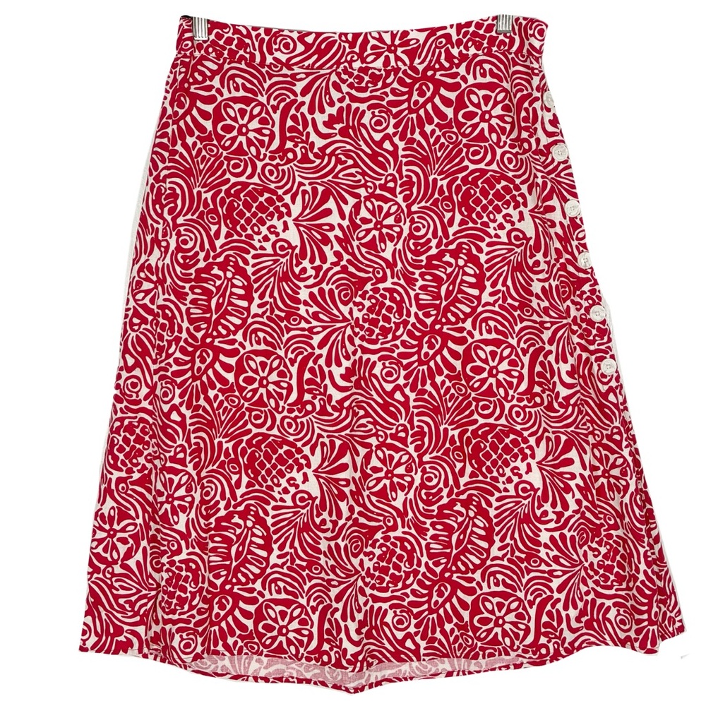 LOFT Pink Floral Linen A-Line Skirt L Side Buttons Tropical Artsy Summer Resort